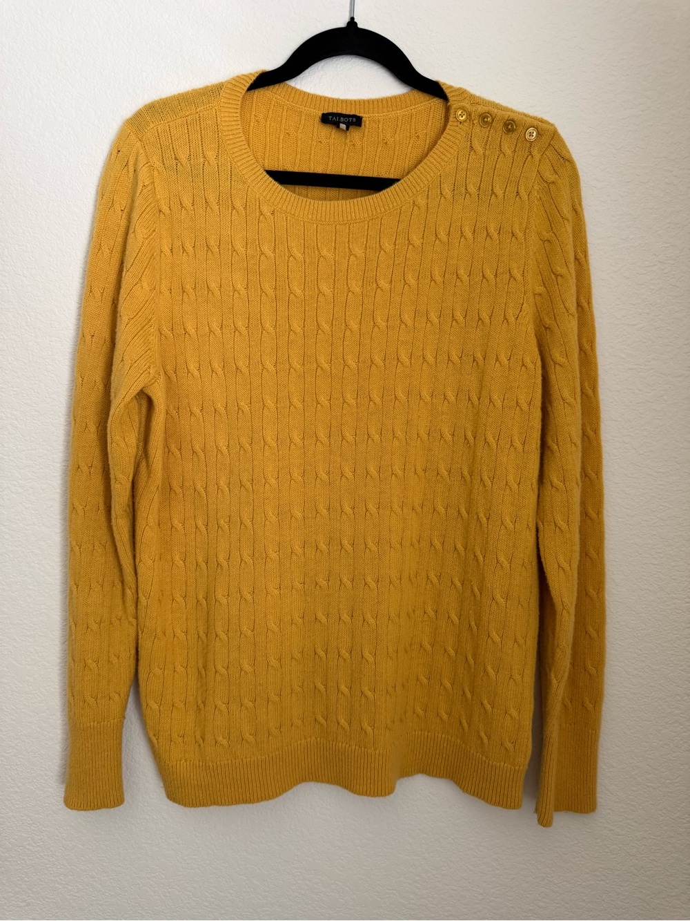 Talbots | Women's Mustard Cable-Knit Sweater with One-sided Shoulder Buttons